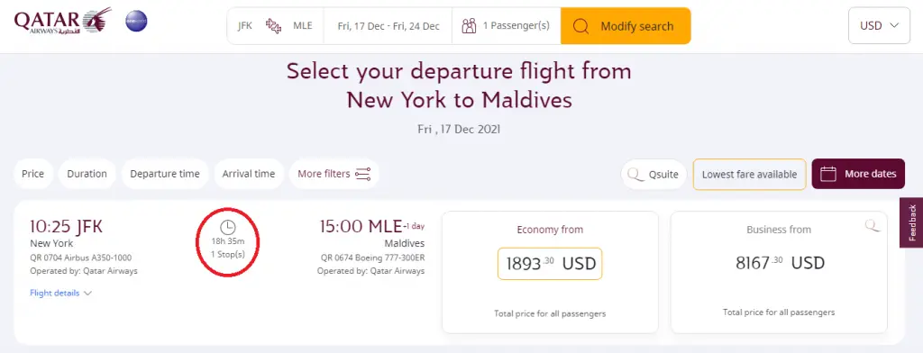 How long is the flight to theh maldives from New York on Qatar Airways